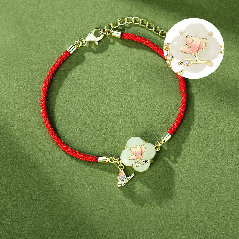 EverestArtstudios 925 Sterling Silver Hetian Jade Magnolia Flower Butterfly Luck Chain Bracelet