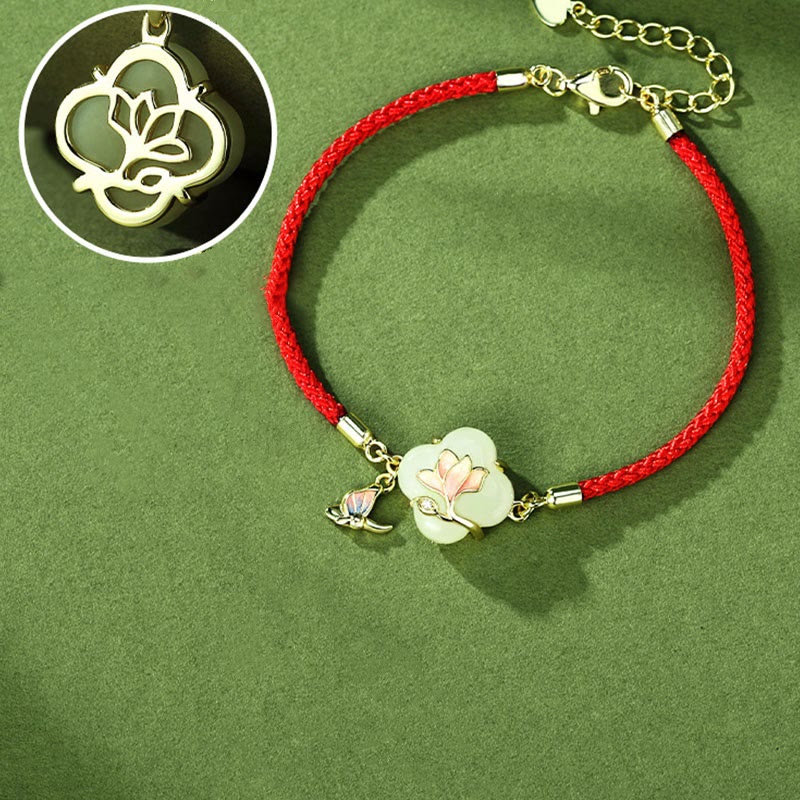 EverestArtstudios 925 Sterling Silver Hetian Jade Magnolia Flower Butterfly Luck Chain Bracelet