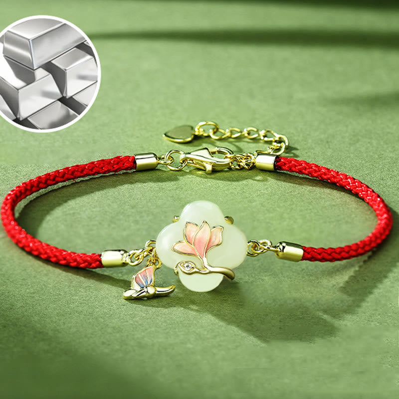 EverestArtstudios 925 Sterling Silver Hetian Jade Magnolia Flower Butterfly Luck Chain Bracelet