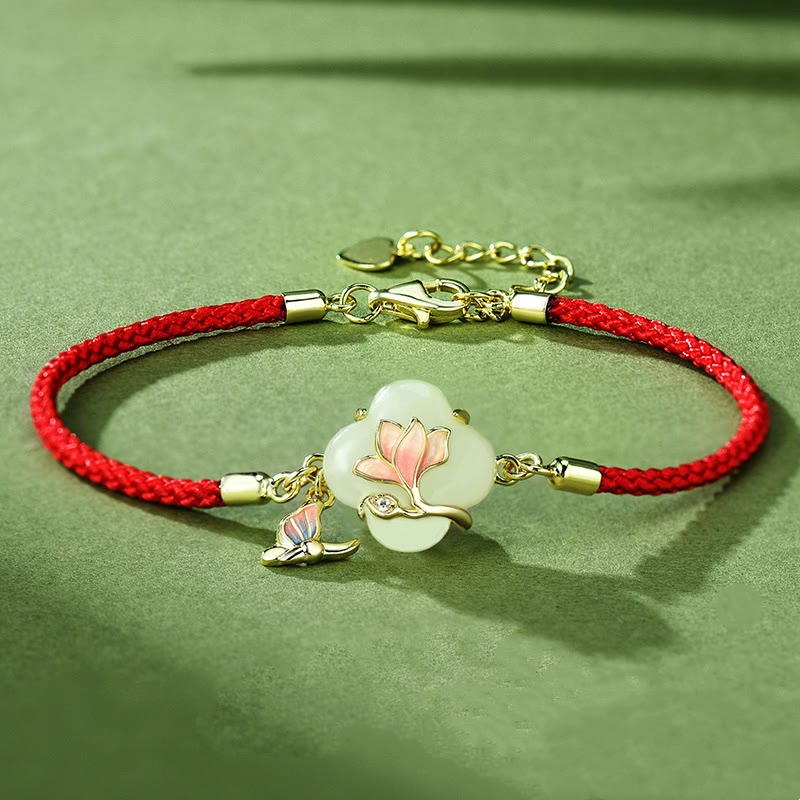 EverestArtStudios 925 Sterling Silver Hetian Jade Magnolia Flower Butterfly Fortune Chain Bracelet