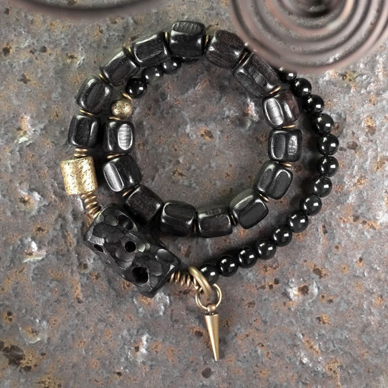 EverestArtstudios Ebony Wood Black Obsidian Copper Brass Peace Double Wrap Bracelet