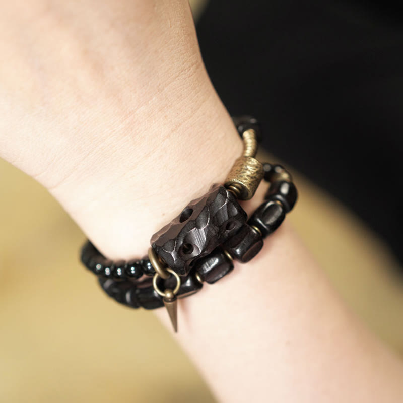 EverestArtstudios Ebony Wood Black Obsidian Copper Brass Peace Double Wrap Bracelet