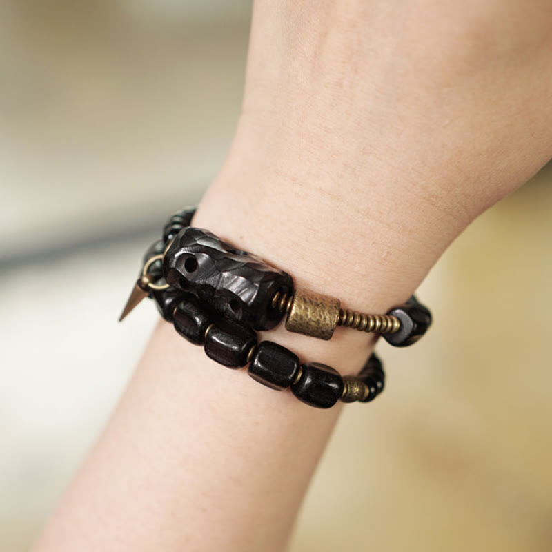 EverestArtstudios Ebony Wood Black Obsidian Copper Brass Peace Double Wrap Bracelet