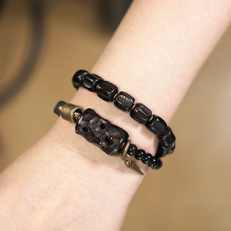 EverestArtstudios Ebony Wood Black Obsidian Copper Brass Peace Double Wrap Bracelet