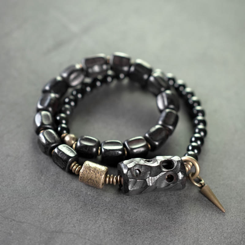 EverestArtstudios Ebony Wood Black Obsidian Copper Brass Peace Double Wrap Bracelet