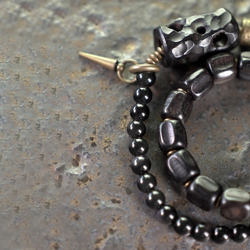 EverestArtstudios Ebony Wood Black Obsidian Copper Brass Peace Double Wrap Bracelet