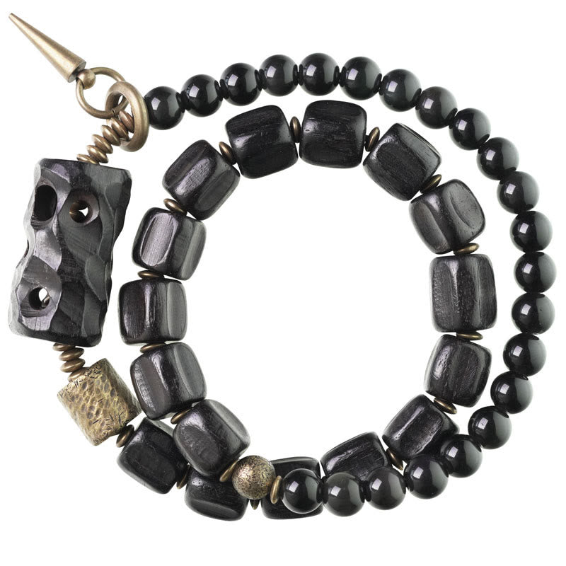 EverestArtstudios Ebony Wood Black Obsidian Copper Brass Peace Double Wrap Bracelet