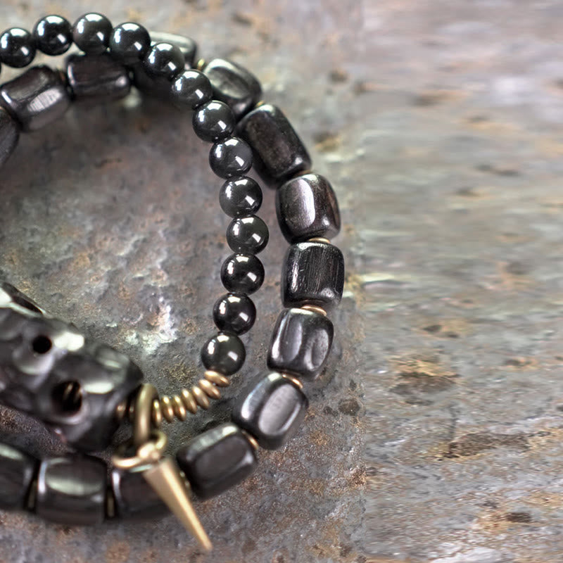 EverestArtstudios Ebony Wood Black Obsidian Copper Brass Peace Double Wrap Bracelet