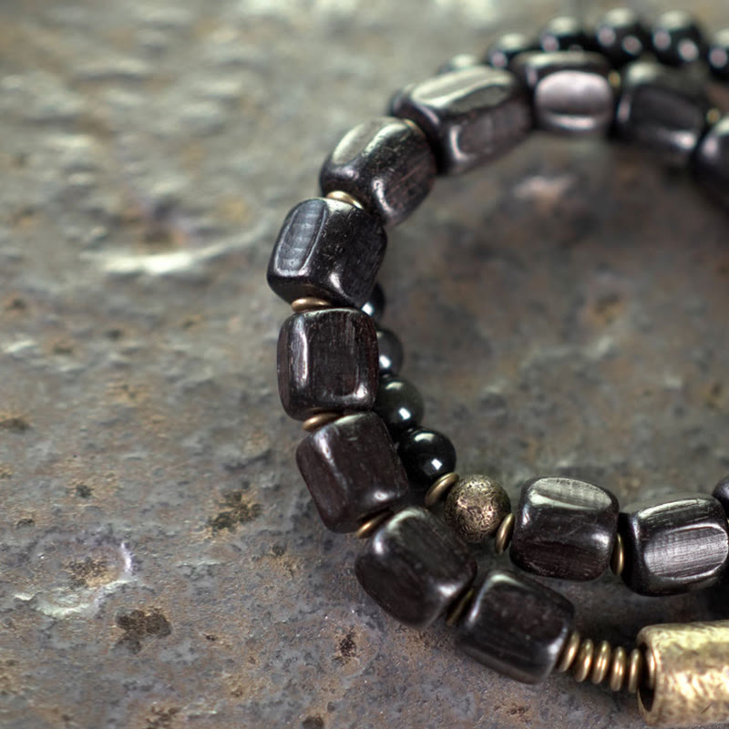 EverestArtstudios Ebony Wood Black Obsidian Copper Brass Peace Double Wrap Bracelet