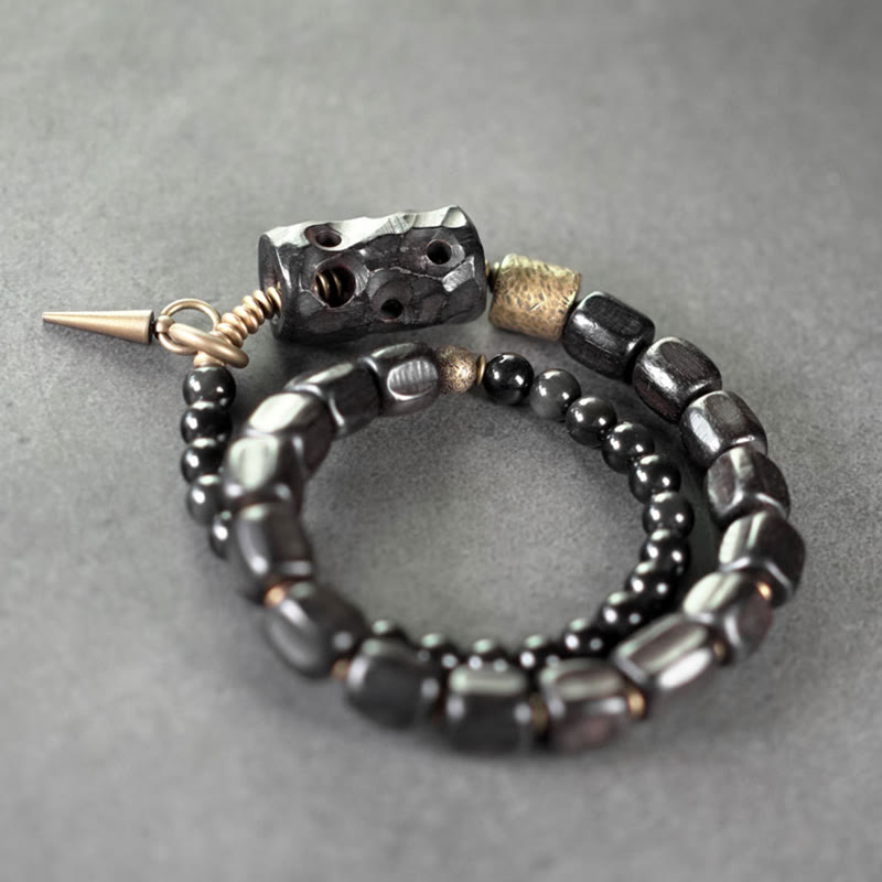 EverestArtstudios Ebony Wood Black Obsidian Copper Brass Peace Double Wrap Bracelet