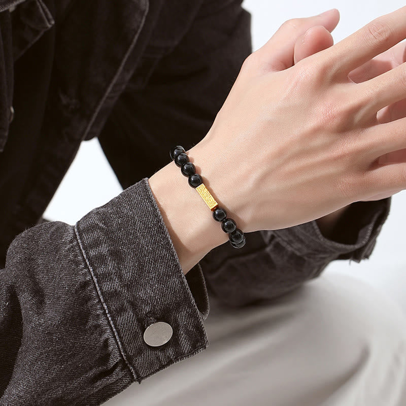 EverestArtstudios Black Obsidian 925 Sterling Silver Fu Character Cube Strength Bracelet