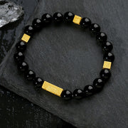 EverestArtstudios Black Obsidian 925 Sterling Silver Fu Character Cube Strength Bracelet