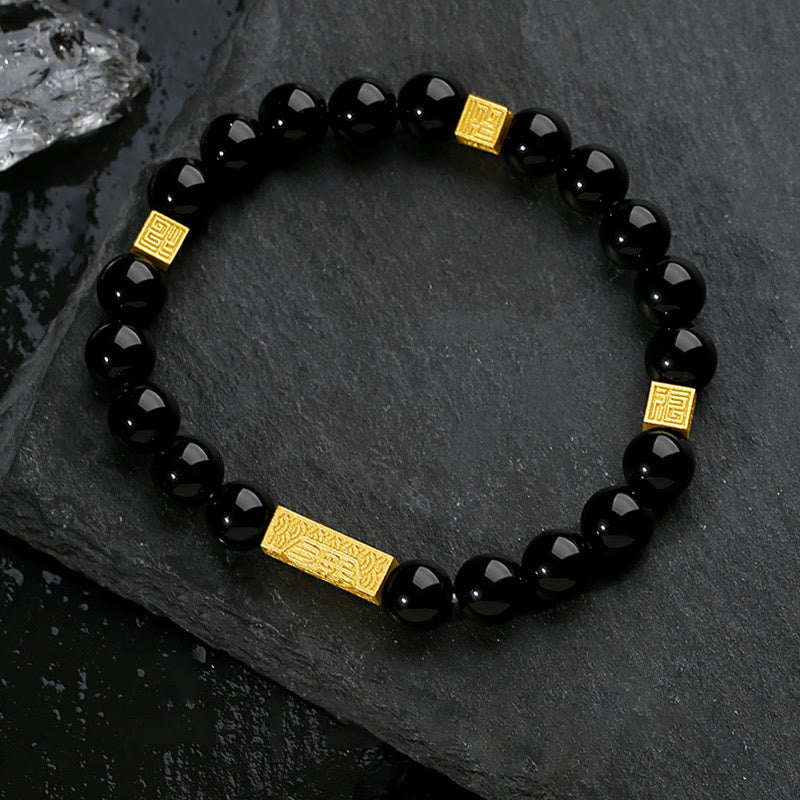 EverestArtstudios Black Obsidian 925 Sterling Silver Fu Character Cube Strength Bracelet
