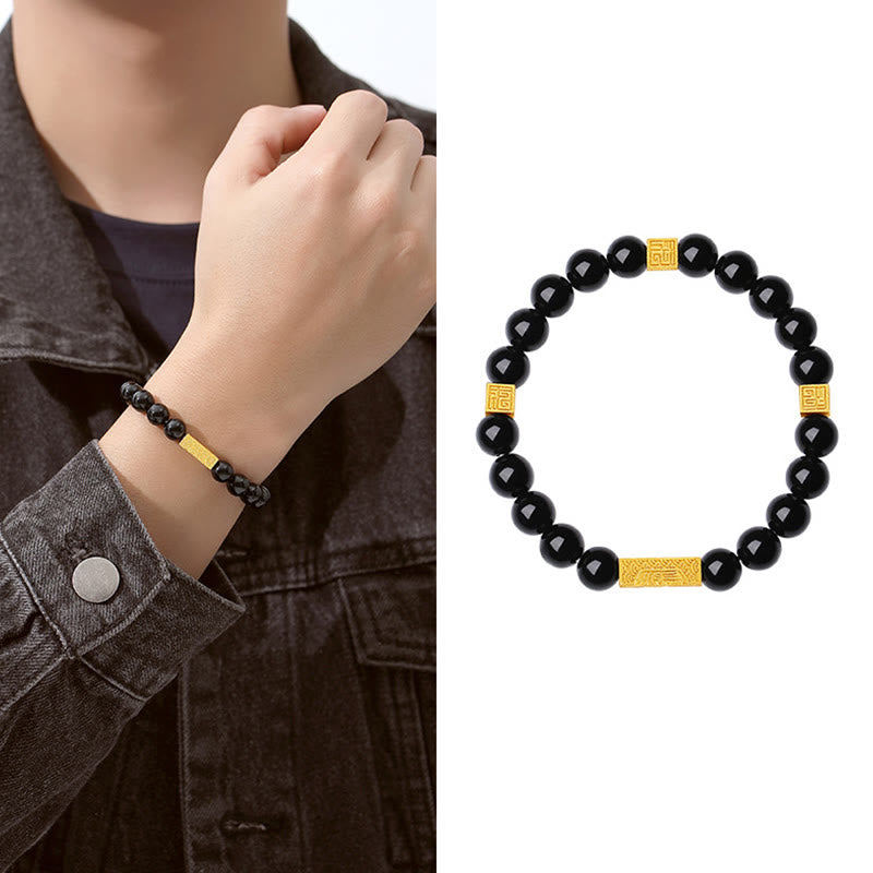 EverestArtstudios Black Obsidian 925 Sterling Silver Fu Character Cube Strength Bracelet
