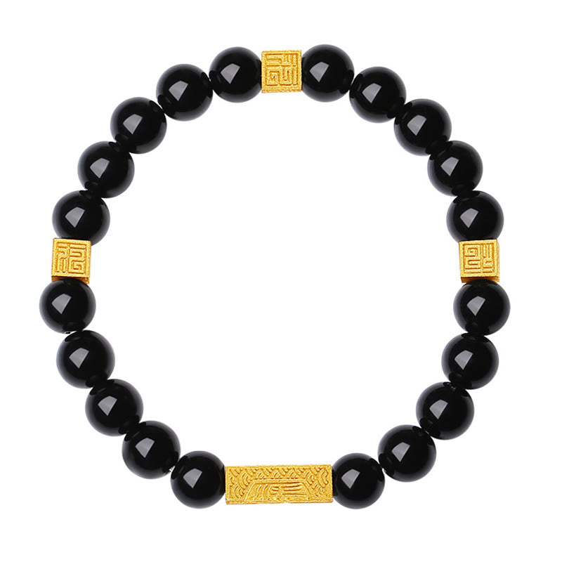 EverestArtstudios Black Obsidian 925 Sterling Silver Fu Character Cube Strength Bracelet