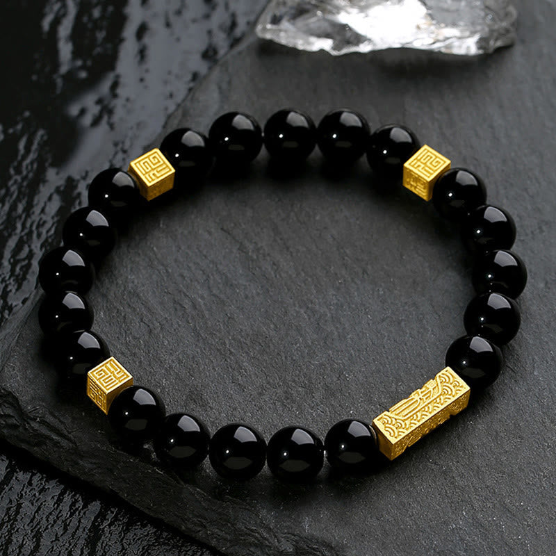 EverestArtstudios Black Obsidian 925 Sterling Silver Fu Character Cube Strength Bracelet