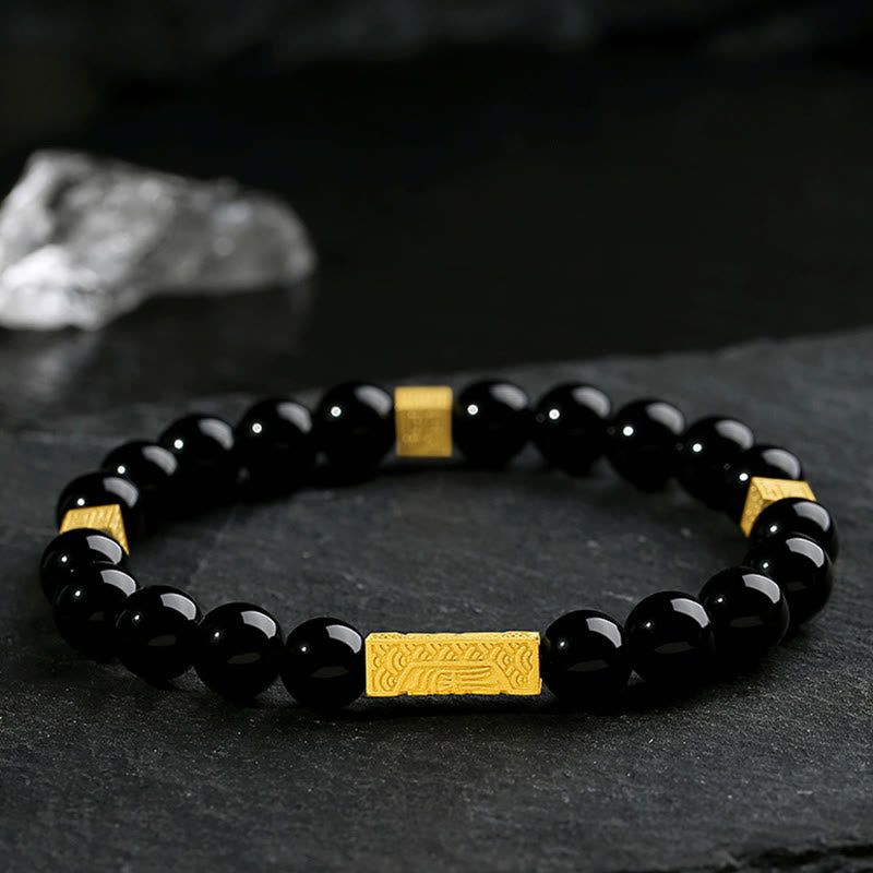EverestArtstudios Black Obsidian 925 Sterling Silver Fu Character Cube Strength Bracelet