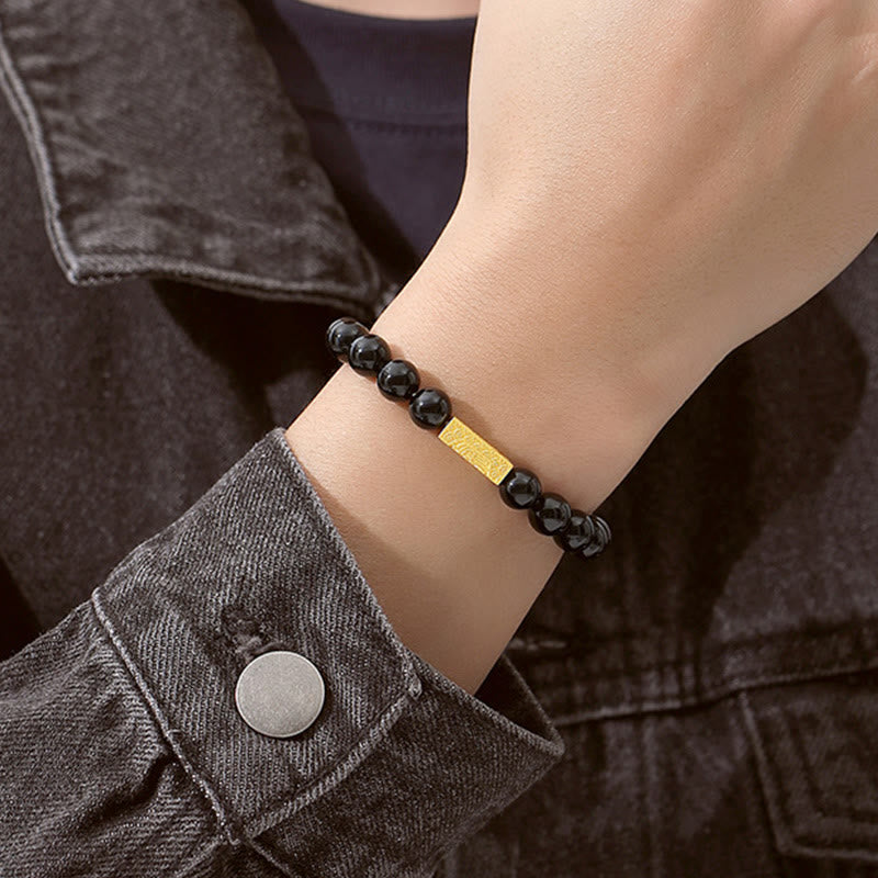 EverestArtstudios Black Obsidian 925 Sterling Silver Fu Character Cube Strength Bracelet