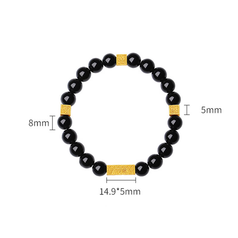 EverestArtstudios Black Obsidian 925 Sterling Silver Fu Character Cube Strength Bracelet
