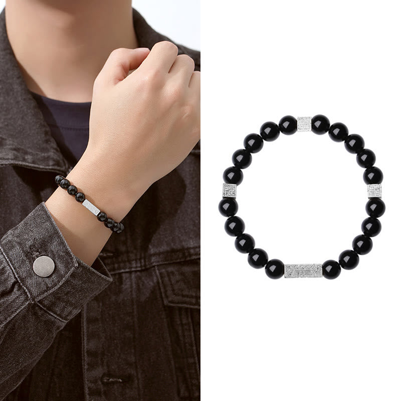 EverestArtstudios Black Obsidian 925 Sterling Silver Fu Character Cube Strength Bracelet