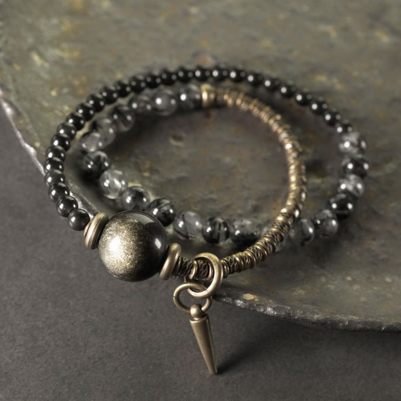 EverestArtstudios Gold Sheen Obsidian Black Rutilated Quartz Copper Brass Double Wrap Protection Bracelet