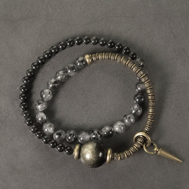 EverestArtstudios Gold Sheen Obsidian Black Rutilated Quartz Copper Brass Double Wrap Protection Bracelet