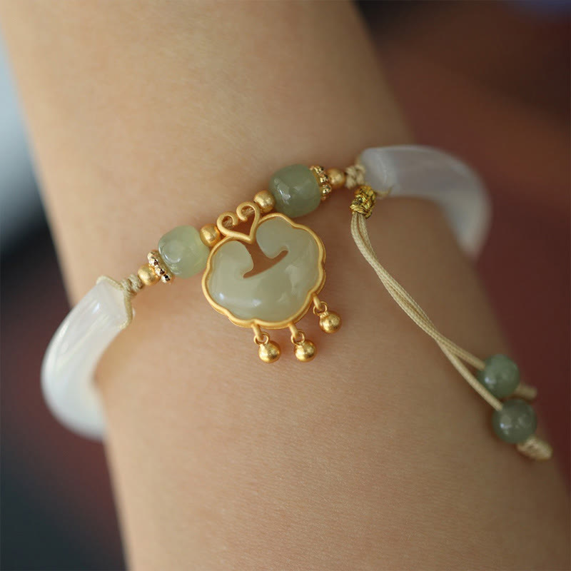 EverestArtstudios Chalcedony Hetian Jade 925 Sterling Silver Auspicious Cloud Ruyi Lock Harmony Cuff Half Bracelet Bangle
