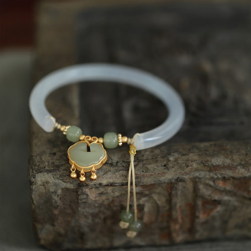 EverestArtstudios Chalcedony Hetian Jade 925 Sterling Silver Auspicious Cloud Ruyi Lock Harmony Cuff Half Bracelet Bangle