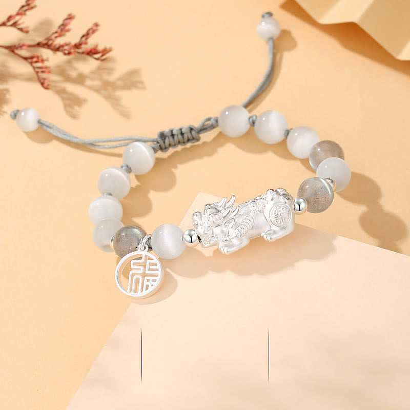 EverestArtstudios Pi Xiu Six True Words 999 Sterling Silver Black Obsidian White Turquoise Chrysoberyl Luck Bracelet