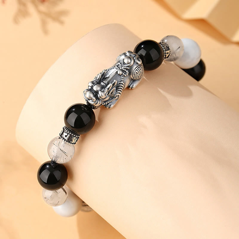 EverestArtstudios Pi Xiu Six True Words 999 Sterling Silver Black Obsidian White Turquoise Chrysoberyl Luck Bracelet
