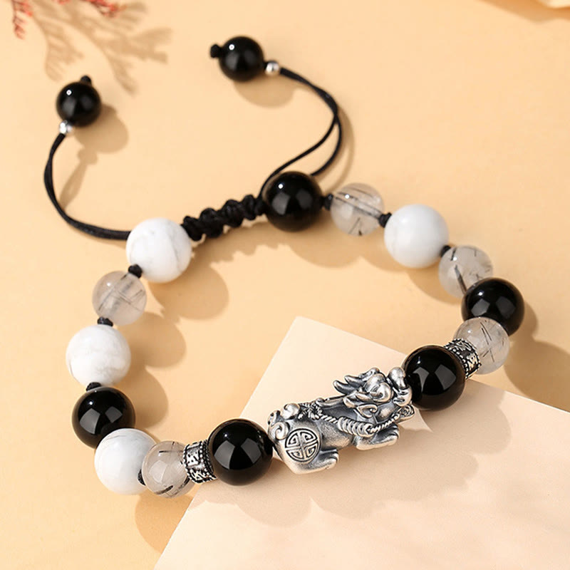EverestArtstudios Pi Xiu Six True Words 999 Sterling Silver Black Obsidian White Turquoise Chrysoberyl Luck Bracelet