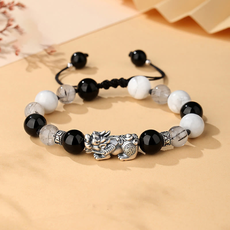 EverestArtstudios Pi Xiu Six True Words 999 Sterling Silver Black Obsidian White Turquoise Chrysoberyl Luck Bracelet