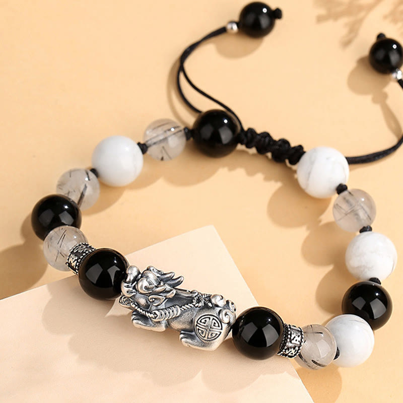 EverestArtstudios Pi Xiu Six True Words 999 Sterling Silver Black Obsidian White Turquoise Chrysoberyl Luck Bracelet