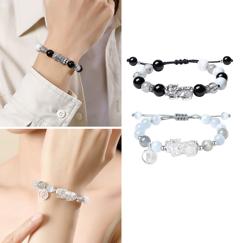 EverestArtstudios Pi Xiu Six True Words 999 Sterling Silver Black Obsidian White Turquoise Chrysoberyl Luck Bracelet