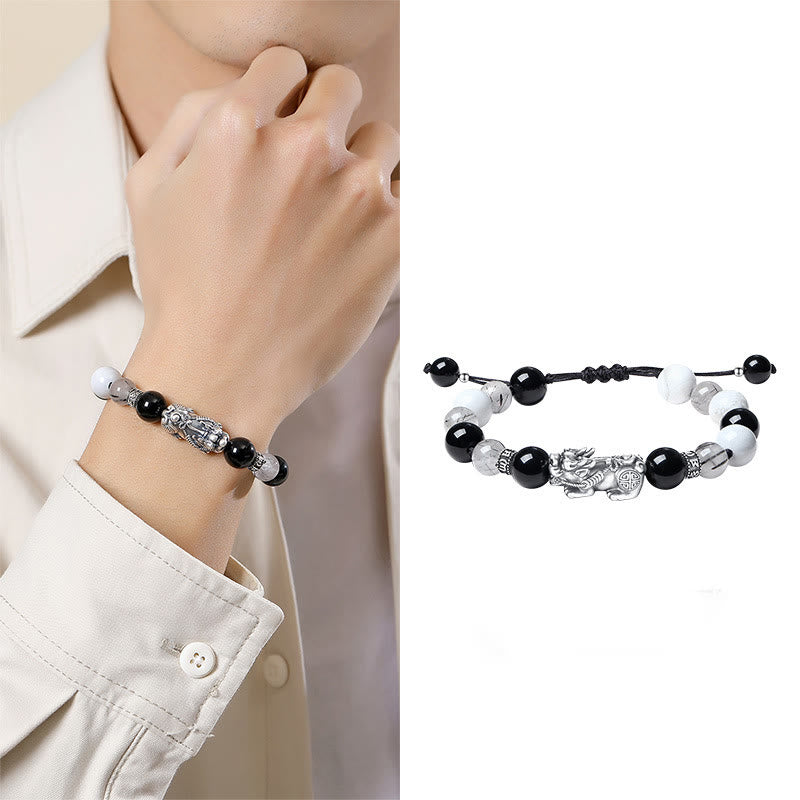 EverestArtstudios Pi Xiu Six True Words 999 Sterling Silver Black Obsidian White Turquoise Chrysoberyl Luck Bracelet