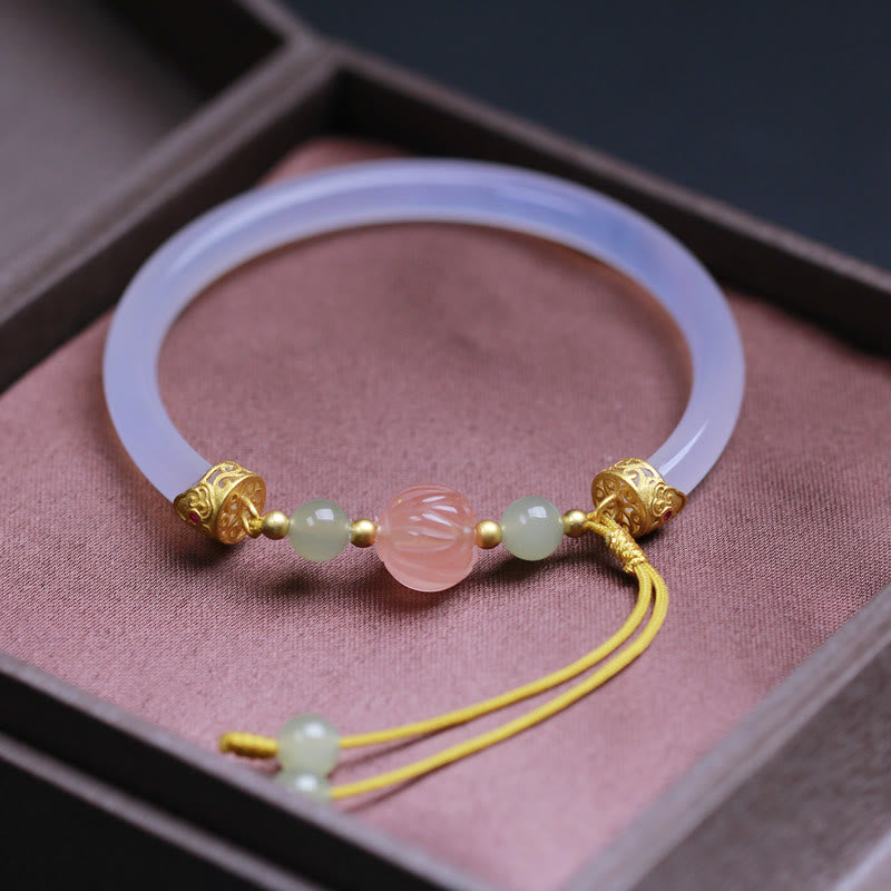 EverestArtstudios Natural White Agate Lotus Hetian Jade Beads Positive Bracelet Bangle