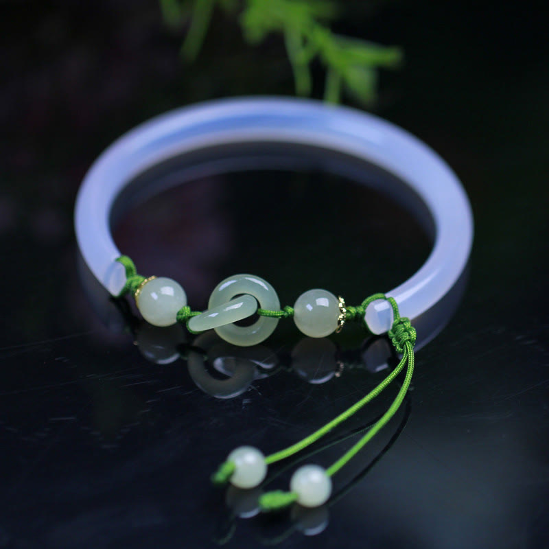 EverestArtstudios Natural White Agate Hetian Jade Beads Interlocking Positive Bracelet Bangle