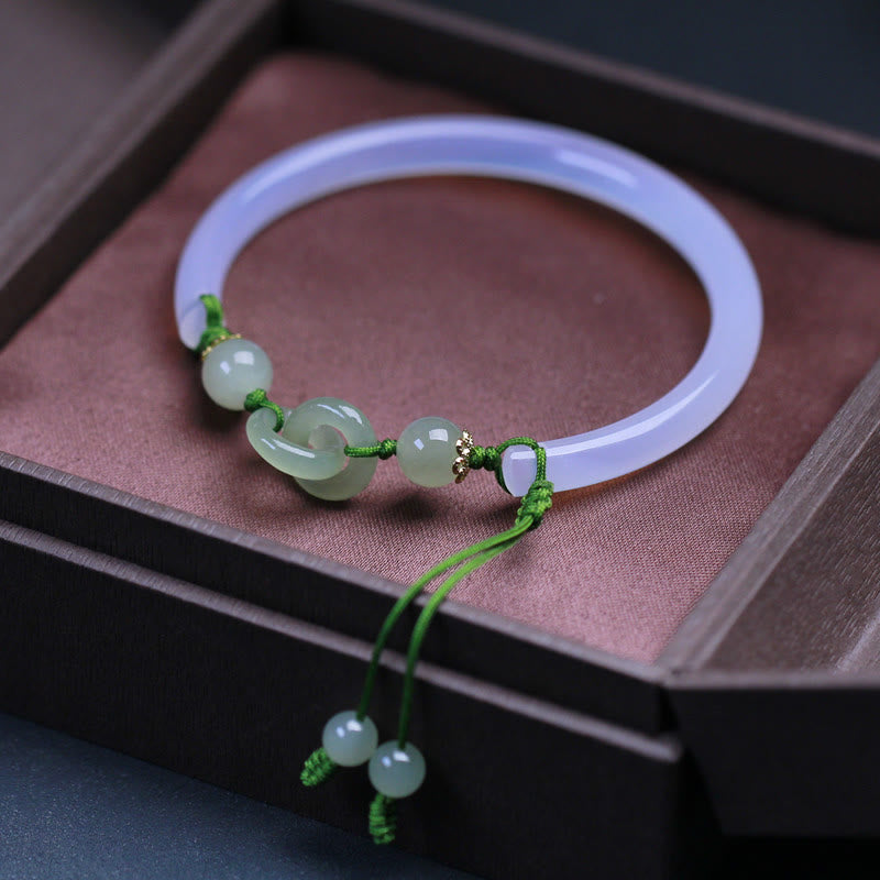 EverestArtstudios Natural White Agate Hetian Jade Beads Interlocking Positive Bracelet Bangle