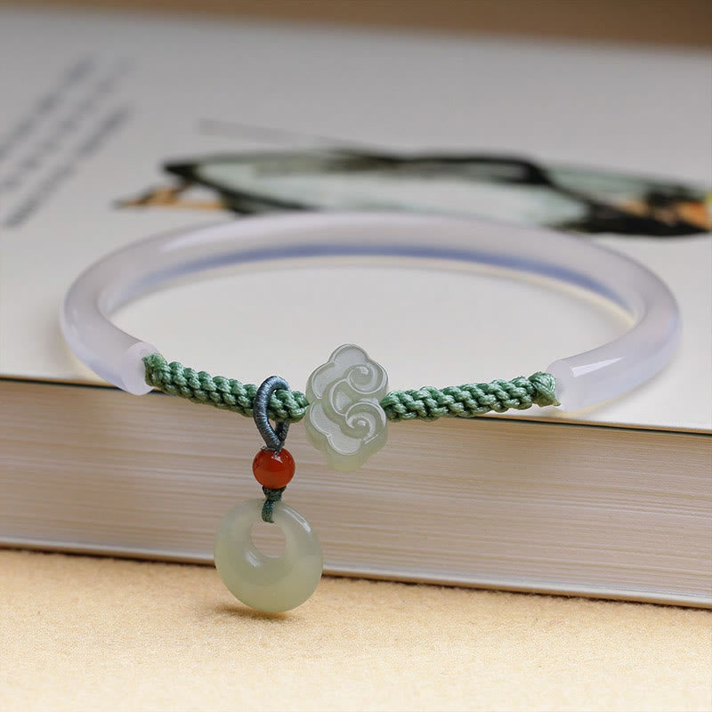 EverestArtstudios Natural White Agate Hetian Jade Peace Buckle Auspicious Clouds Positive Bracelet Bangle
