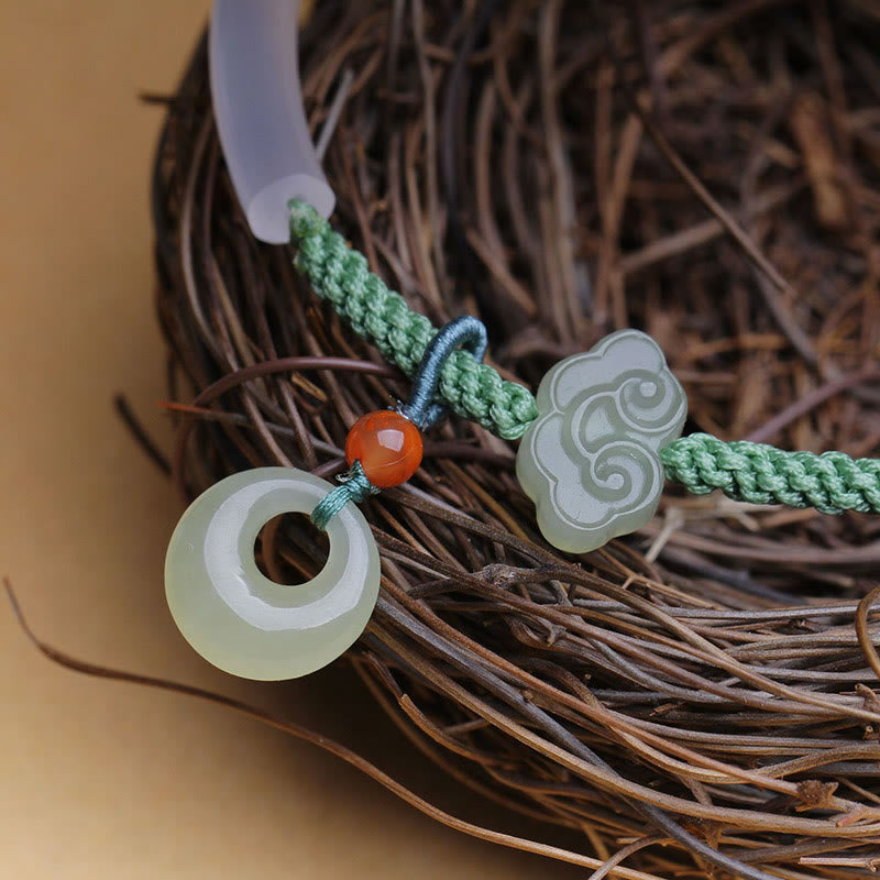 EverestArtstudios Natural White Agate Hetian Jade Peace Buckle Auspicious Clouds Positive Bracelet Bangle