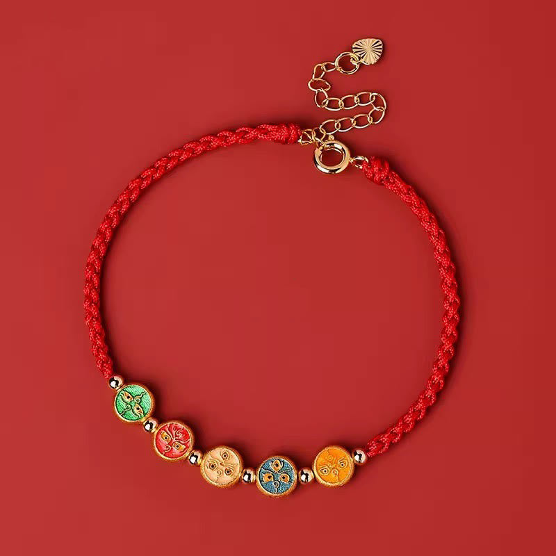 EverestArtStudios Scarlet Cord 925 Sterling Silver Five Pathways Deity Of Wealth Linking Wristband