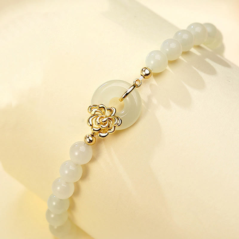EverestArtstudios 925 Sterling Silver Natural Hetian Jade Autumn Chrysanthemum Peace Buckle Prosperity Bracelet