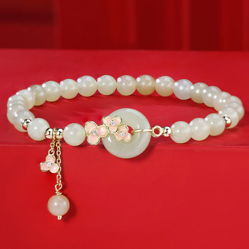 EverestArtStudios 925 Sterling Silver Natural Hetian Jade Peach Blossom Peace Buckle Zircon Luck Bracelet Necklace Pendant