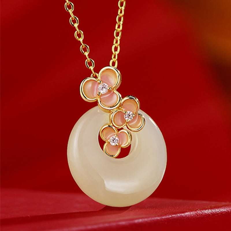 EverestArtStudios 925 Sterling Silver Natural Hetian Jade Peach Blossom Peace Buckle Zircon Luck Bracelet Necklace Pendant