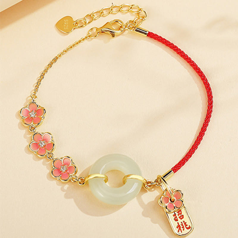 EverestArtStudios 925 Sterling Silver Natural Hetian Jade Peach Blossom Peace Buckle Zircon Luck Bracelet Necklace Pendant