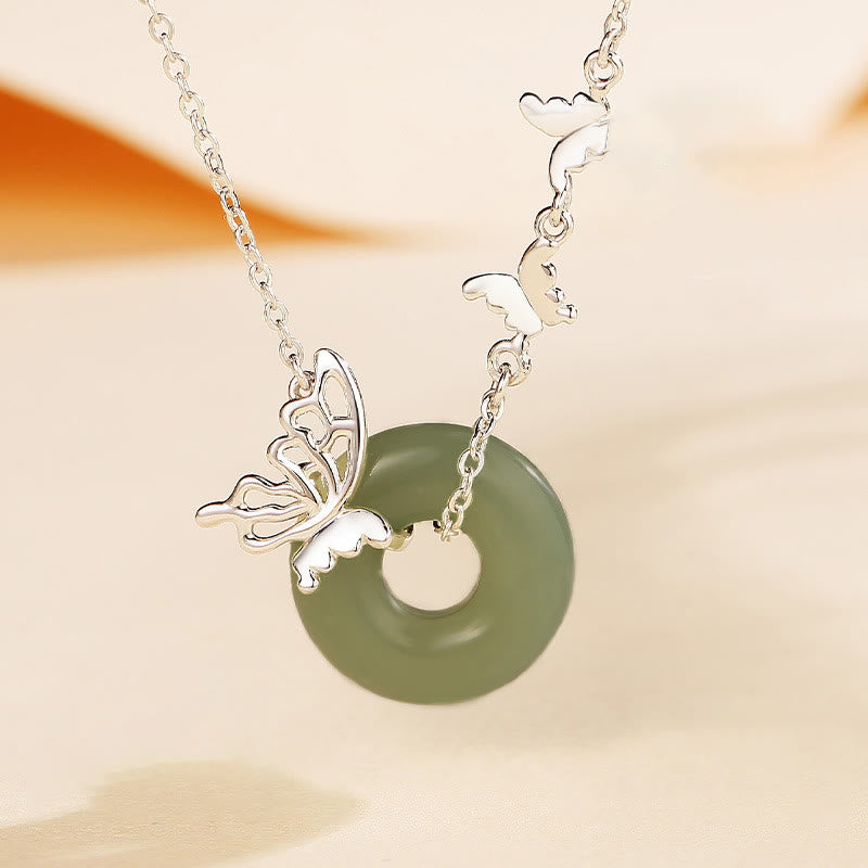EverestArtstudios 925 Sterling Silver Natural Hetian Jade Peace Buckle Butterfly Luck Prosperity Bracelet Necklace Pendant