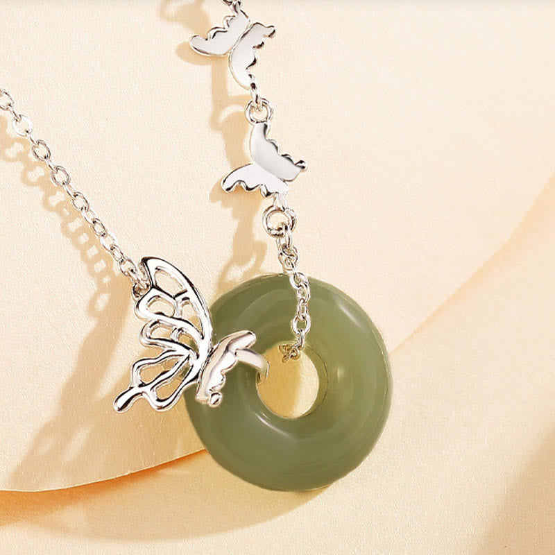 EverestArtstudios 925 Sterling Silver Natural Hetian Jade Peace Buckle Butterfly Luck Prosperity Bracelet Necklace Pendant