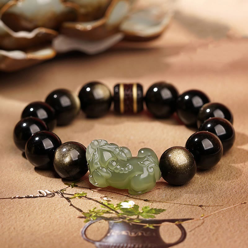 EverestArtstudios Natural Gold Sheen Obsidian Hetian Cyan Jade White Jade PiXiu Wealth Bracelet