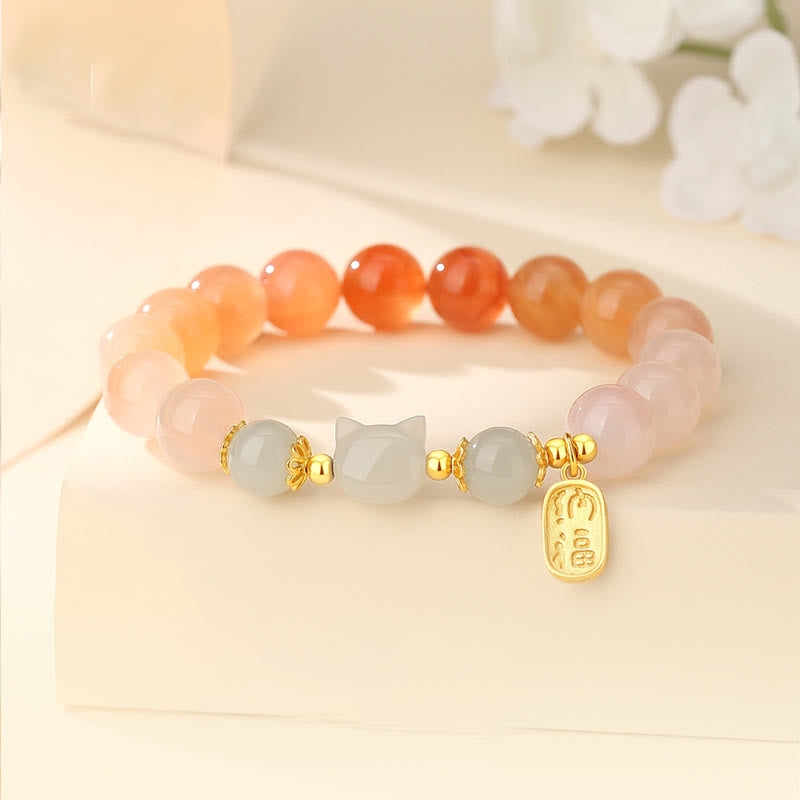 EverestArtstudios 925 Sterling Silver Red Agate Hetian Jade Cat Fu Character Confidence Bracelet