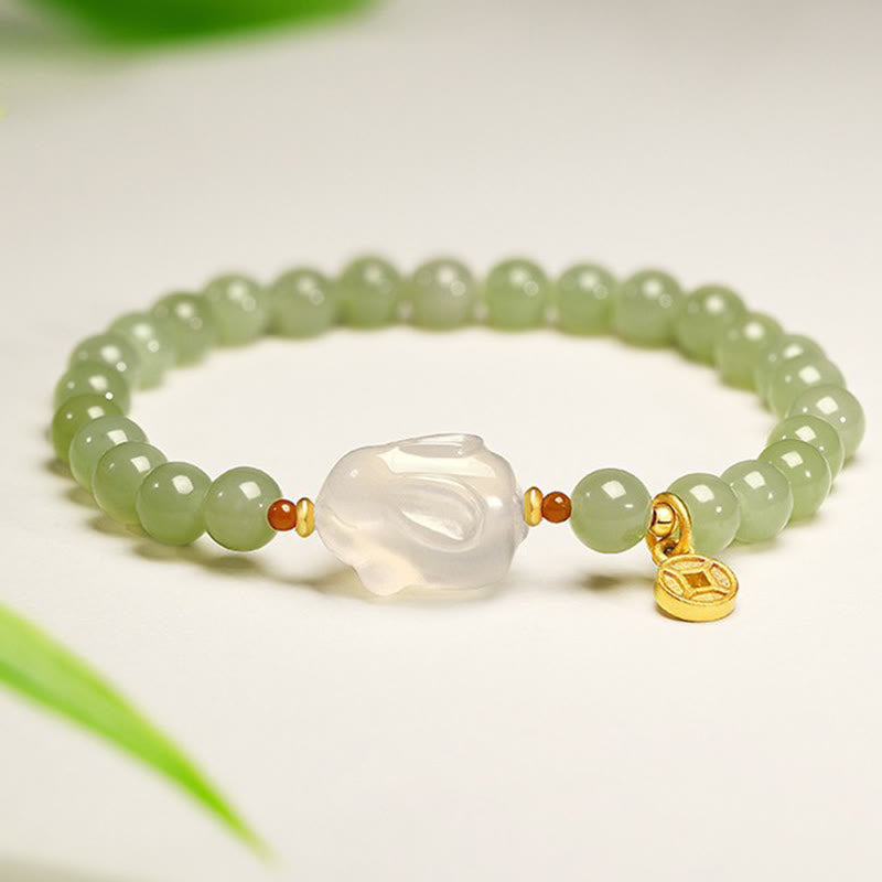 EverestArtstudios Natural Hetian Jade Agate Rabbit Copper Coin Luck Bracelet